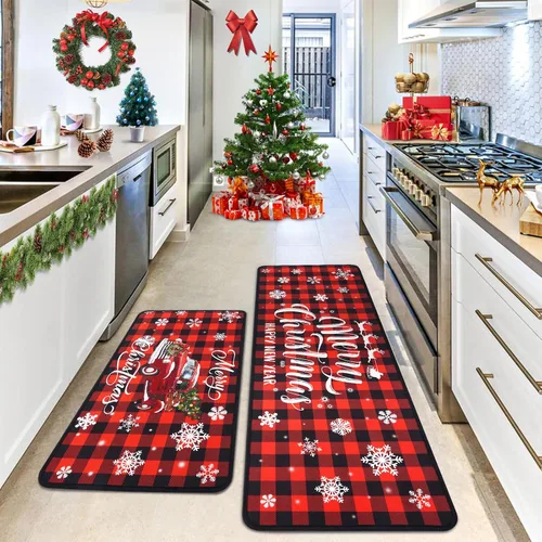 Vista 12 de Voanos Juego de 2 alfombras de cocina de Feliz Navidad, con temática linda de Papá Noel y regalo, decoración navideña para el hogar, tapete lavable