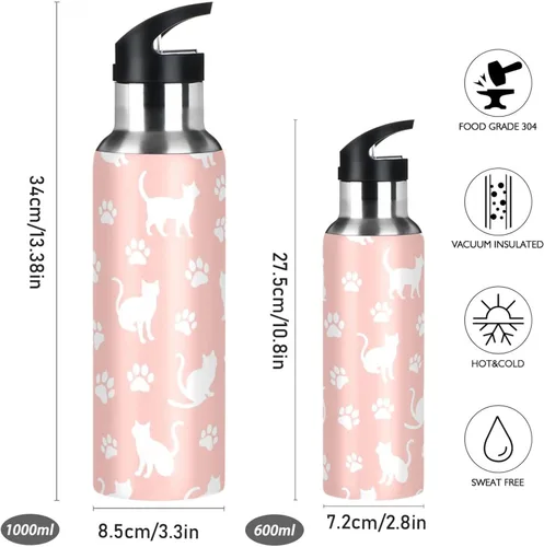 Vista 2 de Stainless Steel Vacuum Insulated Water Bottle 20 Oz, BPA-Free Sport Water Bottle Insulated for Gym Outdoor Travel School, Cat Paw Prints Pastel