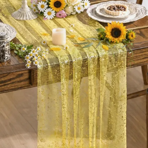 Vista 37 de Artoid Mode Camino de mesa de gasa color beige dorado de 120 pulgadas, 10 pies, lámina metálica con purpurina transparente para comedor, boda