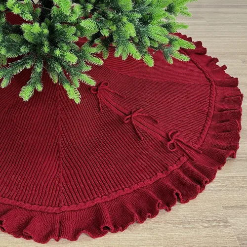 Vista 12 de Suéter de 36 pulgadas con volantes, falda de árbol de Navidad de punto con lazos de encaje, color burdeos