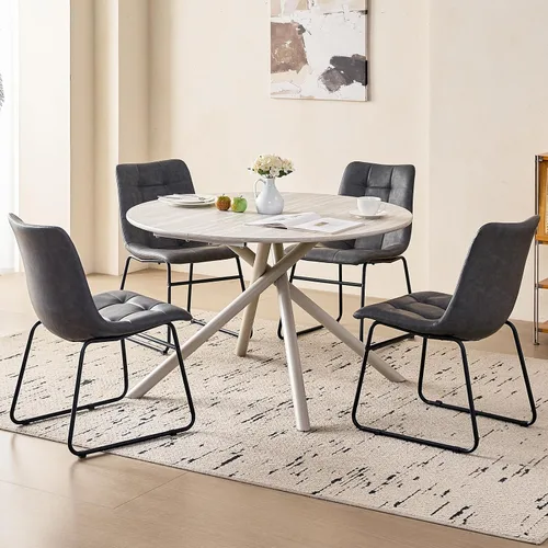 Vista 17 de Juego de mesa de comedor redonda de 47 pulgadas para 4, mesa redonda moderna de cocina, patas cruzadas de metal recubierto con 4 sillas de comedor