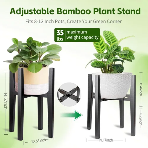 Vista 5 de Soporte ajustable de bambú para plantas de interior, estante moderno para flores con compatibilidad de maceta de 8 a 12 pulgadas, diseño de esquina