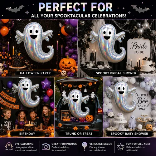 Vista 4 de Juego de 2 globos holográficos de papel de aluminio para fiesta de fantasmas espeluznantes de 28 pulgadas