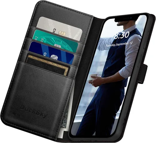 Vista 5 de DuckSky Funda tipo cartera de piel auténtica para iPhone 11 con bloqueo RFID, 4 tarjeteros de crédito. Cuero auténtico. Funda protectora para iPhone