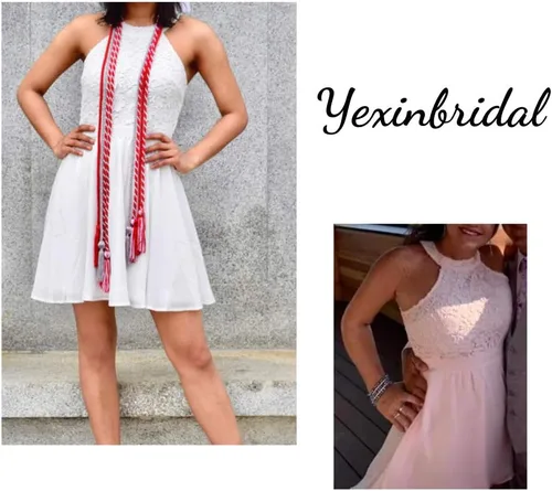 Vista 6 de Yexinbridal Halter - Vestidos cortos de dama de honor de gasa con encaje floral