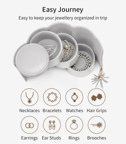 Vista 2 de Vlando Regalos 2025 para mujeres y niñas, organizador de joyas de viaje, caja de almacenamiento de joyas de 3 capas, accesorios esenciales de viaje