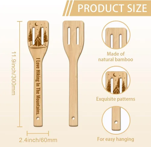 Vista 3 de GLOBLELAND Juego de 6 cucharas de cocina de bambú para acampar, juego de cucharas de cocina grabadas de madera, espátula de bambú para mujeres