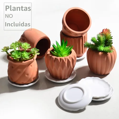 Vista 3 de B SEPOR Macetas de cerámica hechas a mano, mini maceta de arcilla para plantas pequeñas de interior, suculentas, cactus con bandeja de melamina