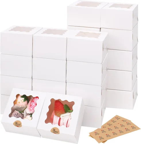 Vista 10 de Moretoes 24 cajas de panadería con ventana, 4 x 4 x 2.5 pulgadas, cajas de galletas marrones para pasteles pequeños, galletas y postres