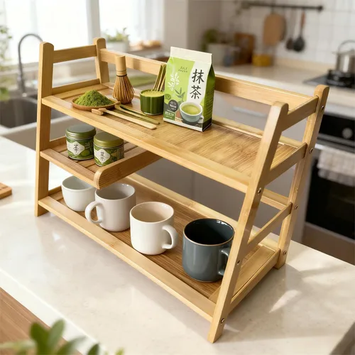 Vista 6 de Bamboo Matcha Station Organizer - Large Capacity 3-Tier Shelf Madera
