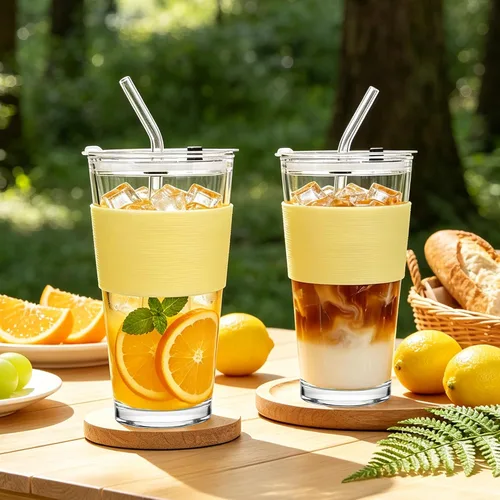 Vista 6 de Birity Vasos de vidrio de 16 onzas con tapas y popotes, vaso de vidrio con popote y tapa, tazas de café helado reutilizables para té, jugo