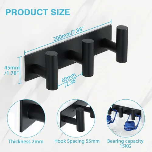 Vista 2 de Alise - Perchero negro para sombreros y abrigos con 3 ganchos para montaje en pared Self Adhesive or Wall Drilling,Wall Hooks for Hanging Robes