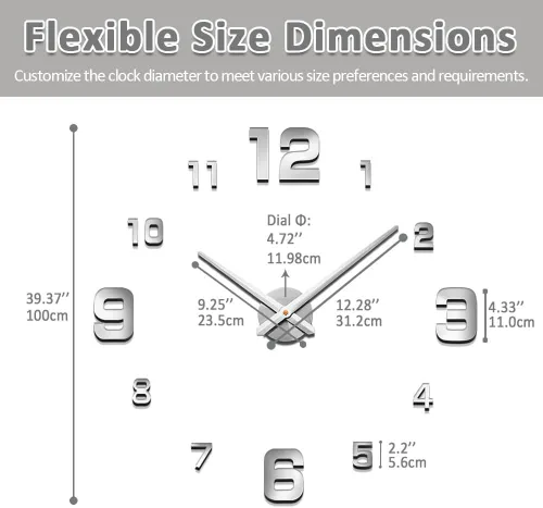Vista 12 de Mintime Reloj de Pared Moderno sin Marco DIY Grande 3D Reloj de Pared Espejo con Números para Decoración de Hogar y Oficina