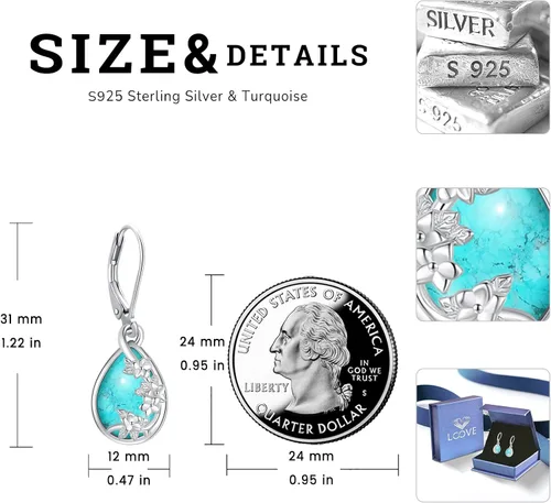 Vista 68 de Aretes colgantes de plata de ley con diseño de árbol de la vida, flor, abeja, animales, gato, colibrí, piedra lunar, turquesa, aretes con cierre