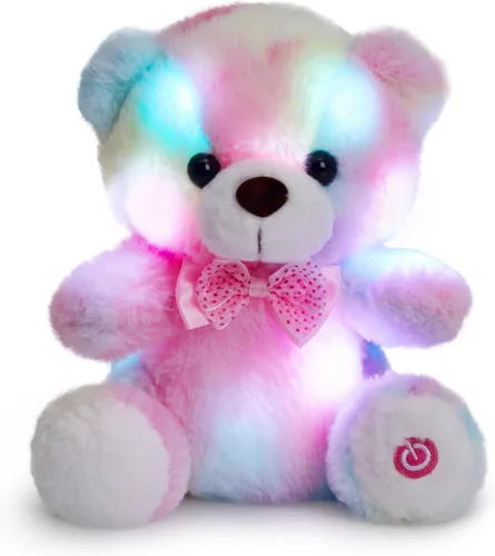 Vista 9 de BSTAOFY Oso de peluche con luz marrón, oso de peluche brillante, juguete de peluche suave para niñas y niños, regalos de cumpleaños, 8 pulgadas