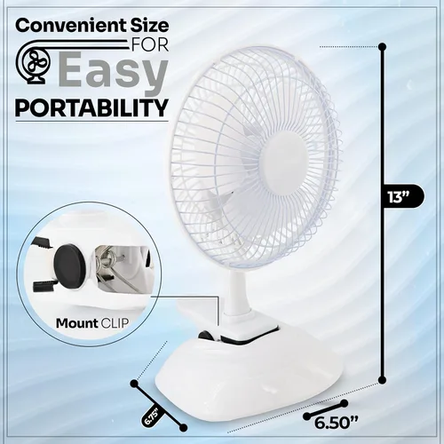 Vista 3 de RamPro Escritorio portátil y ventilador de clip, ventiladores de 6 pulgadas, enchufe pequeño y silencioso, pequeño ventilador de refrigeración