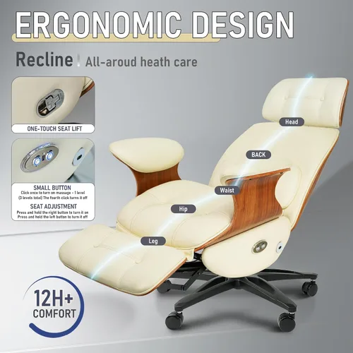 Vista 5 de Silla de oficina ergonómica de cuero, reclinable/reposapiés Blanco
