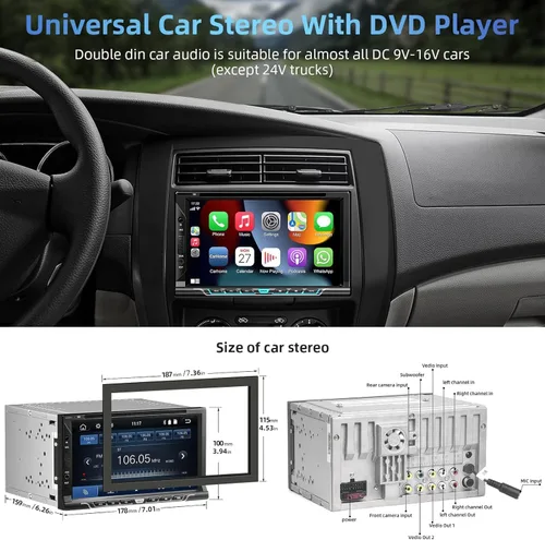 Vista 2 de Estéreo de auto doble DIN con Carplay y Android Auto, pantalla táctil HD de 7 pulgadas, compatible con reproductor de CD y DVD, Bluetooth, cámara