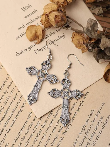 Vista 6 de Sacina Aretes de cruz gótica, aretes góticos, aretes góticos, aretes de cruz para mujer, Halloween, Navidad, Año Nuevo, regalo de joyería para mujer