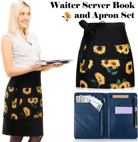 Vista 2 de Jetec 2 Pcs Waist Apron with 6 Pockets and Leather Server Book for Waitress Patterned Server Half Apron with Zipper for Women