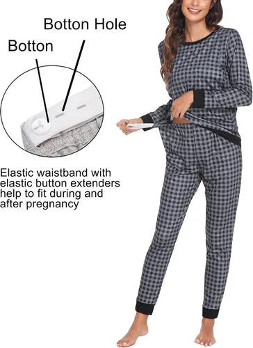 Vista 3 de Ekouaer Conjunto de ropa interior térmica de maternidad y lactancia, conjunto de pantalones largos de punto a rayas, capa base superior e inferior