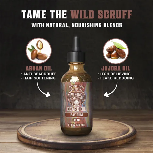 Vista 3 de Viking Revolution Aceite de barba de ron de bahía para hombres, suavizante y acondicionador natural con aceites de argán y jojoba para fortalecer e