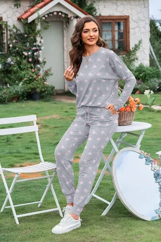 Vista 4 de DUSDIMON Conjunto de pijama de manga larga para mujer, conjunto de dos piezas con bolsillos, ajuste holgado