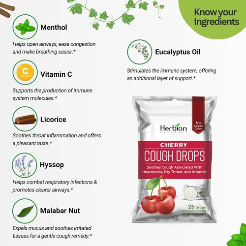 Vista 2 de Herbion Naturals Gotas para la tos con sabor a cereza natural, suplemento dietético, alivia la tos, para adultos y niños mayores de 6 años, 25 gotas.
