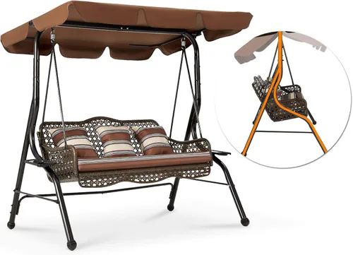 Vista 6 de AECOJOY Silla columpio de 3 asientos, columpio de patio con toldo, 2 bandejas laterales, 3 almohadas y cojín extraíble, columpio de mimbre