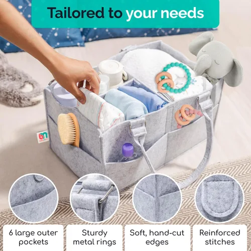 Vista 2 de Organizador de pañales de fieltro, almacenamiento extra grande para artículos de bebé y niños pequeños, cesta de pañales, organizador portátil