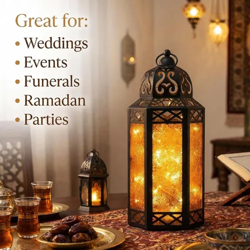 Vista 9 de VELA LANTERNS Juego de 2 portavelas decorativos de LED con luces de hadas de 12" de metal marroquí para colgar o mesa, decoración del hogar