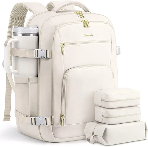 Vista 41 de LOVEVOOK Mochila de viaje para mujer y hombre, Beige, Mochilas de viaje
