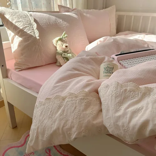 Vista 13 de Funda de edredón de flores rosadas, tamaño individual, elegante, con volantes, funda de edredón de encaje de algodón, juego de ropa de cama floral