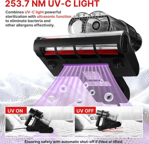 Vista 4 de Shop-Vac Aspiradora de colchón, potente aspiradora de cama de 14 KPa con luz UV-C de 253.7 nm, 36960 RPM/min de roscado, filtro HEPA y ultrasónico
