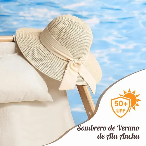 Vista 5 de Beach Hats for Women, Sun Straw Hat for Women, UPF 50+ UV Foldable Sun Hat Beige