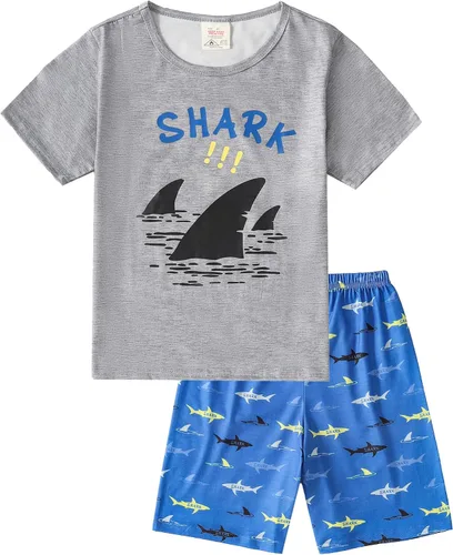 Vista 21 de MyFav - Pijamas para niños grandes de 2 piezas, pantalones cortos, lindos dibujos animados, ropa de dormir 4 piezas Alien