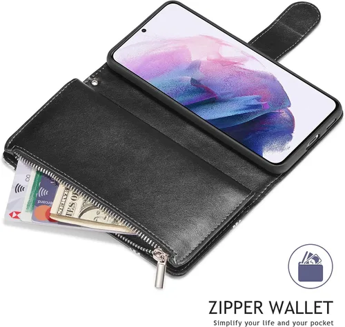 Vista 3 de UEEBAI Funda tipo cartera para Samsung Galaxy S21 FE 5G, funda de piel sintética con cierre magnético, bolsillo con cremallera, ranuras