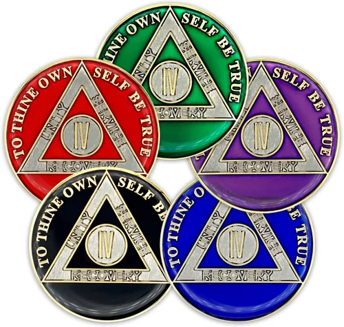 Vista 6 de Moneda de sobriedad de 4 años Ficha de aniversario de recuperación de chip AA Triplate (negro) Alcoholics Anonymous 24k Gold Plated Heavy