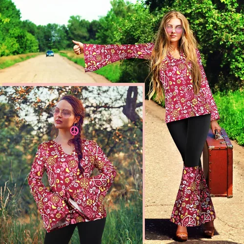 Vista 6 de Jiuguva Conjunto de 17 piezas de disfraz hippie de los años 60 y 70 para mujer, vestido de discoteca, pantalones bohemios, acampanados, camisa