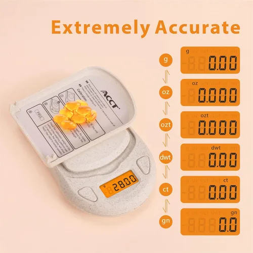 Vista 2 de Mini báscula digital, báscula de bolsillo, 0.00 oz x 7.05 oz, báscula de alimentos con retroiluminación LCD, 6 unidades de gramos y onzas, tara