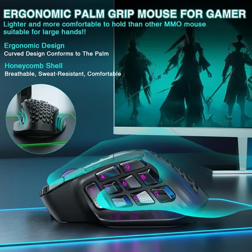 Vista 8 de SOLAKAKA SM809 Pro - Mouse para juegos con 9 botones laterales, mouse RGB de 24000 DPI para jugadores, 16 macros programables MMO, color negro