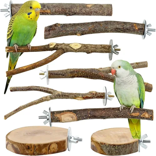 Vista 10 de 5 piezas de percha de madera natural para pájaros - Juego de perchas de rama recta y bifurcada, accesorios para jaula de pájaros para aves pequeñas