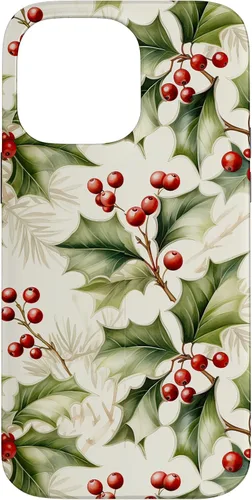 Vista 21 de Lindo diseño de bayas de acebo y hojas de Navidad para el caso de Navidad para iPhone 16