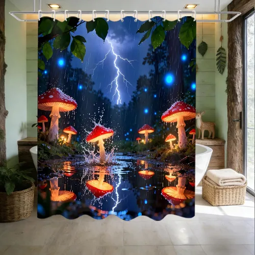 Vista 5 de Juego de 4 cortinas de ducha con diseño de hongos e iluminación