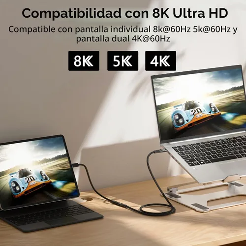 Vista 2 de Cable de extensión USB C largo de 20 pies, cable extensor USB3.2 tipo C de 20 Gbps/100 W, salida de video de 4K a 60 Hz, cable de carga trenzado