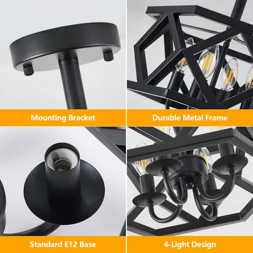 Vista 8 de Lámpara de Techo Semiempotrada Negra, Accesorio de Iluminación Moderno para Vestíbulo, Lámpara de Techo de Metal de 4 Luces, Pequeña Lámpara