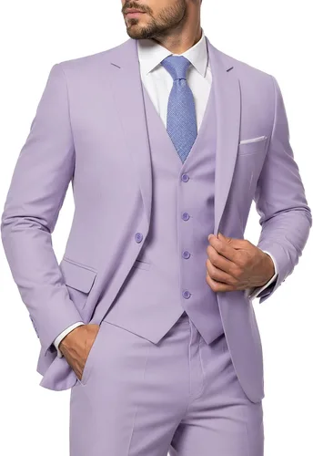 Vista 25 de MY'S Conjunto de traje de 3 piezas para hombre con corbata, chaqueta ajustada de un botón, chaleco y pantalones, blazer para fiestas, bodas, bailes
