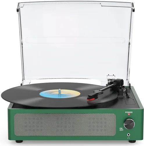 Vista 10 de Tocadiscos de vinilo vintage con altavoces, giradiscos accionados por correa, compatible con 3 velocidades, reproducción inalámbrica Bluetooth