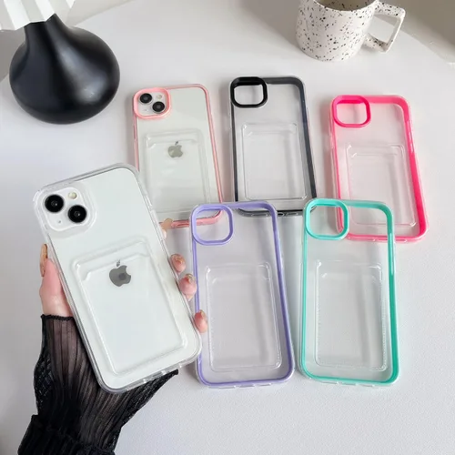 Vista 2 de Caseative Funda para iPhone 14 Plus, tarjetero de color caramelo, transparente, a prueba de golpes, compatible con carga inalámbrica Claro