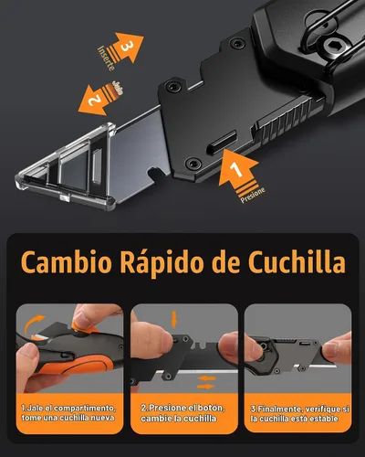 Vista 7 de Cuchillo utilitario plegable de 4 en 1, cuchillo de corte de caja multiherramienta con clip de cinturón, cuchillo de afeitar de cambio rápido